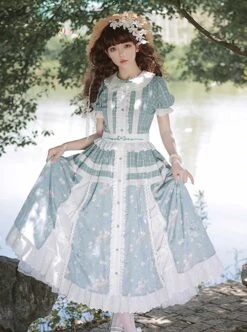 Blue Retro Print Plaid Stitching Cute Doll Collar Bowknot Embroidery Elegant Classic Lolita Short Sleeved Dress -MIMY Lolita Shop 3 500x672 653