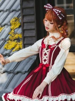 Miss Betty Series Red Vintage Court Bow Lace Ribbon Decorated Ruffle Hem Classic Lolita Sleeveless Dress 10 Miss Betty Series Red Vintage Court Bow Lace Ribbon Decorated Ruffle Hem Classic Lolita Sleeveless Dress -MIMY Lolita Shop 3 500x672 654