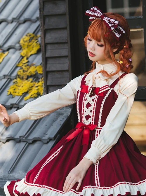 Miss Betty Series Red Vintage Court Bow Lace Ribbon Decorated Ruffle Hem Classic Lolita Sleeveless Dress 6 Miss Betty Series Red Vintage Court Bow Lace Ribbon Decorated Ruffle Hem Classic Lolita Sleeveless Dress - Image 4