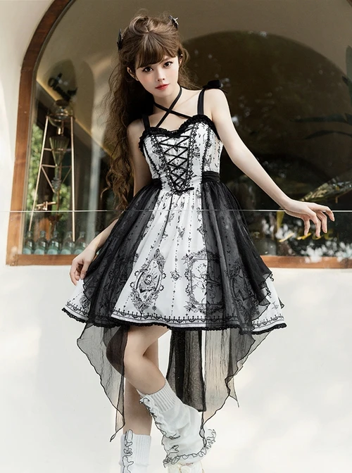 Adjustable Shoulder Strap V Type Lace Neckline Design Butterfly Magic Print Irregular Black Net Yarn Hem Gothic Lolita Sleeveless Dress 6 Adjustable Shoulder Strap V Type Lace Neckline Design Butterfly Magic Print Irregular Black Net Yarn Hem Gothic Lolita Sleeveless Dress - Image 4