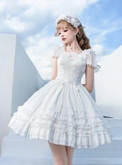 Miss Hill Series White Elegant Pure Color Binding Band Design Daily Classic Lolita Short Sleeve Dress -MIMY Lolita Shop 3 500x672 670