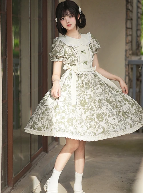 Secret Garden Series Elegant Fresh Doll Collar Bowknot Decorated Green Plant Printed Ruffle Hem Classic Lolita Puff Sleeve Dress 3 Secret Garden Series Elegant Fresh Doll Collar Bowknot Decorated Green Plant Printed Ruffle Hem Classic Lolita Puff Sleeve Dress
