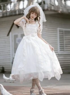 Fairy Summer White Mesh Yarn Flower Wedding Classic Lolita Puff Sleeves Bowknot Doll Collar Dress -MIMY Lolita Shop 3 500x672 673