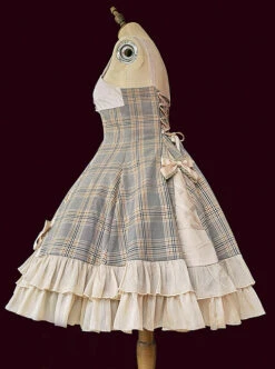 Backlight Memories Record Grey Khaki Check Design Cross Tie Bow Knots Grace Pleated Lace Classic Lolita Slip Dress -MIMY Lolita Shop 3 500x672 689