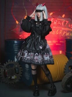 Black Punk Style Cartoon Pattern Print Decoration Pleated Bow Metal Leather Belt Trim Lolita Suspenders Dress -MIMY Lolita Shop 3 500x672 701