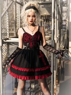 Judgment Day Series JSK Dark Punk Lolita Black Red Lace Jacquard Embroidery Waist Cutout Crucifix Fold Metal Buckle Decoration Zipper Sling Dress -MIMY Lolita Shop 3 500x672 705