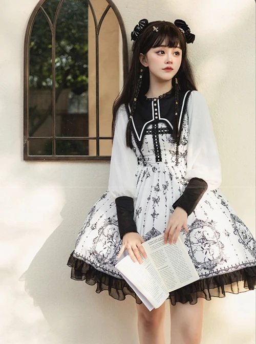 Personality Pointed Teeth Collar Design Leg Of Lamb Sleeve Butterfly Magic Print Black White Gothic Lolita Long-Sleeved Dress 7 Personality Pointed Teeth Collar Design Leg Of Lamb Sleeve Butterfly Magic Print Black White Gothic Lolita Long-Sleeved Dress - Image 5