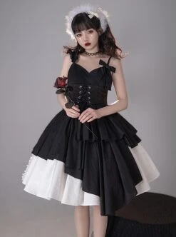 Pure Black Asymmetric Suspenders Irregular Hem Design Detachable Waistband White Skirt Cool Girl Punk Lolita Sleeveless Dress Set -MIMY Lolita Shop 3 500x672 712