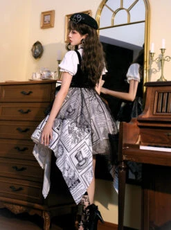 Black White Alice Series OP Retro Splicing Irregular Hem Punk Lolita Short Sleeve Dress -MIMY Lolita Shop 3 500x672 714