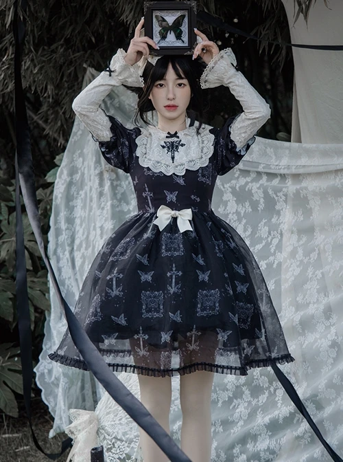 Lace Stitching Round Neck Butterfly Embroidery Cute Puff Sleeve Butterfly Print Daily Simple Gothic Lolita Short Sleeve Dress 4 Lace Stitching Round Neck Butterfly Embroidery Cute Puff Sleeve Butterfly Print Daily Simple Gothic Lolita Short Sleeve Dress - Image 2