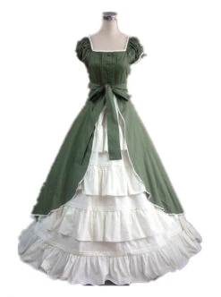 Green & White Puff Sleeve Open Front Splitting Multi-layer Cotton Satin Classic Lolita Dress