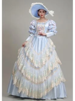 Light BluePuff Long Sleeve Delicate Lace Hem Dreamy Gorgeous Royal Court Retro Prom Lolita Dress