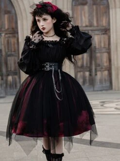 Girl Killer Series Dark Sweet Cool Irregular Halloween Crape Ruffle Bowknots Belt Chain Gothic Lolita Long Sleeves Dress -MIMY Lolita Shop 3 500x672 77