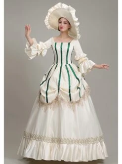 White Long Green Vertical Stripe Decoration Puff Long Sleeve Royal Dinner Annual Meeting Party Retro Court Lolita Prom Dress -MIMY Lolita Shop 3 500x672 793