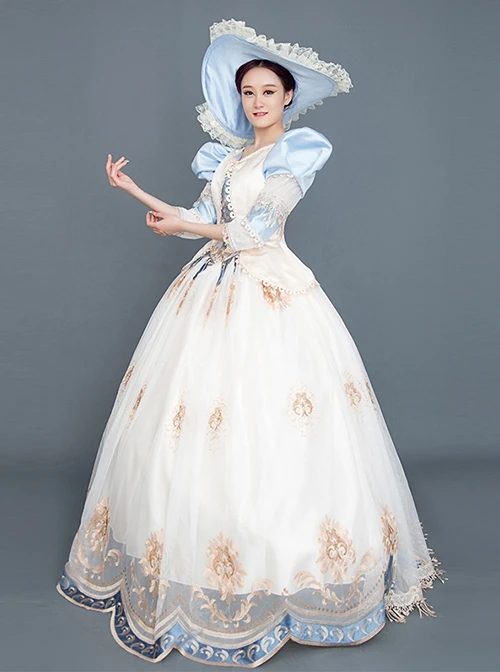 Blue Puff Sleeve Light Champagne Hem Lace Embroidery Classical Court Party Lolita Prom Dress 4 Blue Puff Sleeve Light Champagne Hem Lace Embroidery Classical Court Party Lolita Prom Dress - Image 2