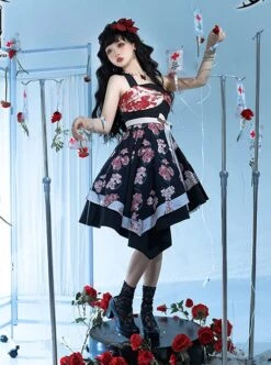 Large Bow High Waist Print Elegant Halter Detachable Belt Irregular Gothic Lolita Sleeveless Dress -MIMY Lolita Shop 3 500x672 82