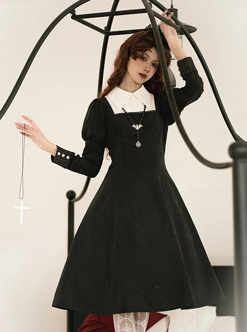 Redemption Cross Series Gothic Lolita Bat Necklace Nun Style Black Holiness Puff Long Sleeve Dress 4 Redemption Cross Series Gothic Lolita Bat Necklace Nun Style Black Holiness Puff Long Sleeve Dress - Image 2