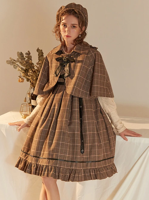 Little Detective Series JSK School Lolita Brown Plaid Sling Dress And Cloak 3 Little Detective Series JSK School Lolita Brown Plaid Sling Dress And Cloak