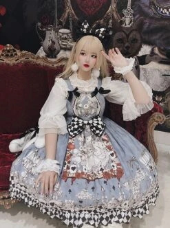 Gothic Style Alice Poker Black-White Plaid Printing Gray Blue Gothic Lolita Sleeveless Dress -MIMY Lolita Shop 4 500x672 116