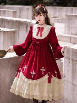 Starry Night Series Round Neck Bowknot Cute Girly Cross Embroidery Ruffle Hem Gothic Lolita Long Sleeve Dress -MIMY Lolita Shop 4 500x672 132