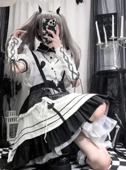 Aries Series JSK British Style Maid Outfit Black Printing Decoration Bow Knots Pleated Lace Gothic Lolita Short Sleeve Dress Set -MIMY Lolita Shop 4 500x672 136