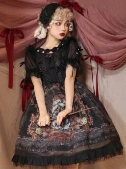 Gothic Vintage Print Grape Bow Decorative Ruffle Hem Gothic Lolita Sleeveless Dress -MIMY Lolita Shop 4 500x672 139