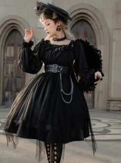 Solid Color Two-Wear Off-The-Shoulder Lantern Sleeve Metal Chain Waistband Irregular Hem Gothic Lolita Long-Sleeved Dress -MIMY Lolita Shop 4 500x672 147