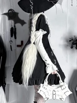 Spider Witch Series Cobweb Doll Collar Cobweb Black High Waist Ruffle Cross Straps Gothic Lolita Puff Sleeves Dress -MIMY Lolita Shop 4 500x672 157
