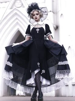 Undead Prayer Series Nun Style Black-White Cross Embroidered Fishtail Skirt Lace Cover Skirt Gothic Lolita Short-Sleeved Dress -MIMY Lolita Shop 4 500x672 161