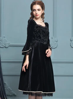 Black Velour Lace Edge Gothic Lolita Long Sleeve Dress 12 Black Velour Lace Edge Gothic Lolita Long Sleeve Dress -MIMY Lolita Shop 4 500x672 169