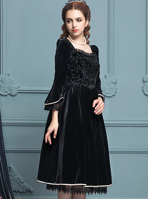 Black Velour Lace Edge Gothic Lolita Long Sleeve Dress 7 Black Velour Lace Edge Gothic Lolita Long Sleeve Dress - Image 5