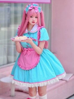 Vintage Playful Maid Coffee Cute Lace Doll Collar Pink Bowknot Apron Sweet Lolita Short Sleeve Dress -MIMY Lolita Shop 4 500x672 183