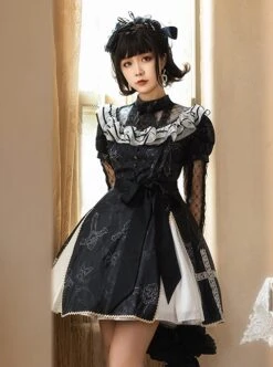 Sweetheart Witch Series Stand Collar Translucent Mesh Design Stitching Sleeves Printed Lace Sweet Lolita Long-Sleeved Dress -MIMY Lolita Shop 4 500x672 194