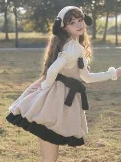 Lamb Ollie Series Apricot Cute Soft Lambswool Stitched Black Bowknot Belt Ruffled Hem Sweet Lolita Sleeveless Dress JSK Set 9 Lamb Ollie Series Apricot Cute Soft Lambswool Stitched Black Bowknot Belt Ruffled Hem Sweet Lolita Sleeveless Dress JSK Set -MIMY Lolita Shop 4 500x672 209
