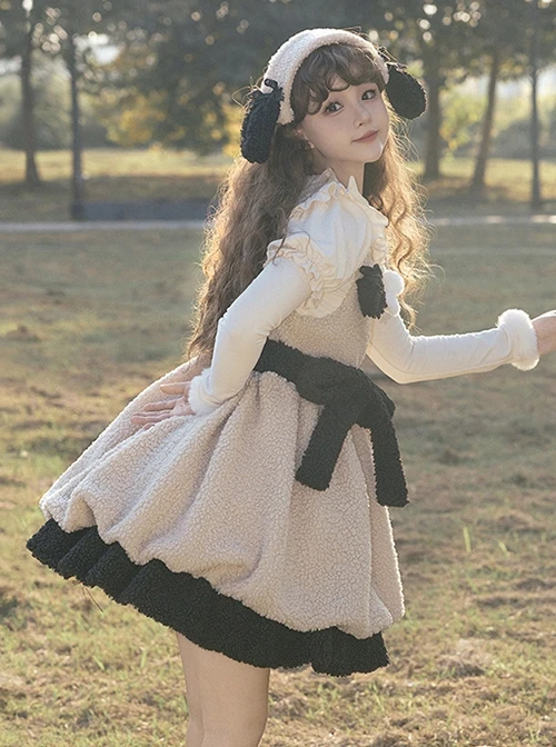 Lamb Ollie Series Apricot Cute Soft Lambswool Stitched Black Bowknot Belt Ruffled Hem Sweet Lolita Sleeveless Dress JSK Set 4 Lamb Ollie Series Apricot Cute Soft Lambswool Stitched Black Bowknot Belt Ruffled Hem Sweet Lolita Sleeveless Dress JSK Set - Image 2