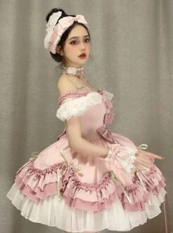 Peach Oolong Series Gentle Pink Bowknot Decoration Lace Hem Sweet Lolita Short Sleeve Dress -MIMY Lolita Shop 4 500x672 215