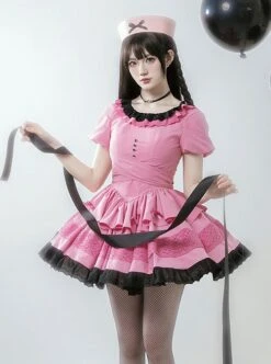 Sweet Whisper Series Black Pink Y2K Landmine Girl Ruffled Crew Neck Lace Sweet Lolita Fluffy Bowknot Short Sleeve Dress -MIMY Lolita Shop 4 500x672 229