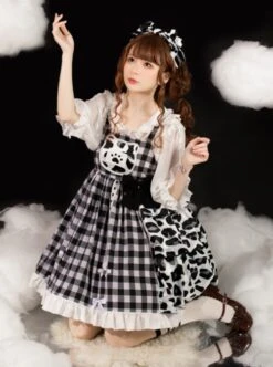 Meow Claw Planet Series Black-White Plaid Cute Cat Claw Leopard Print Bowknot Sweet Lolita Sleeveless Dress 9 Meow Claw Planet Series Black-White Plaid Cute Cat Claw Leopard Print Bowknot Sweet Lolita Sleeveless Dress -MIMY Lolita Shop 4 500x672 230