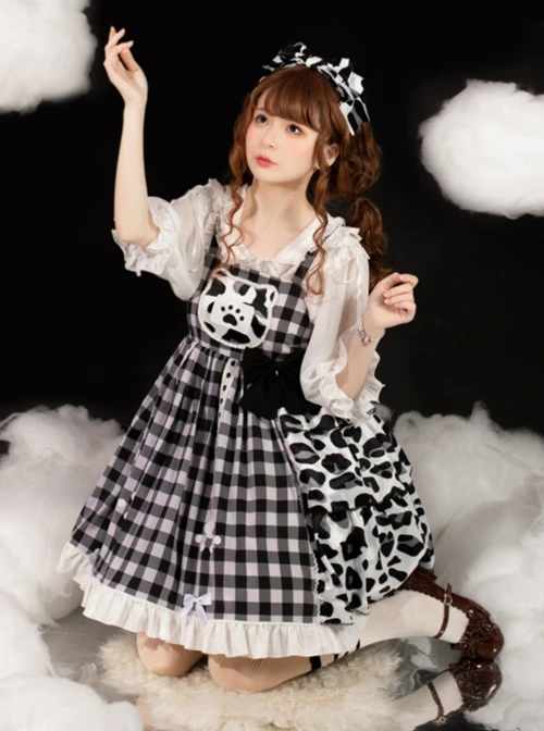 Meow Claw Planet Series Black-White Plaid Cute Cat Claw Leopard Print Bowknot Sweet Lolita Sleeveless Dress 5 Meow Claw Planet Series Black-White Plaid Cute Cat Claw Leopard Print Bowknot Sweet Lolita Sleeveless Dress - Image 3