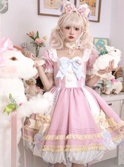 Pink Sweet Cute Little Maid Print Apron Puff Sleeves Bowknot Decoration Girls Sweet Lolita Short Sleeve Dress -MIMY Lolita Shop 4 500x672 234
