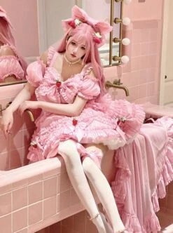 Pink Sweet Lolita Cute Strawberry Bowknot Decoration Oversized Bowknot Long Trailing Design Short-Sleeved Dress -MIMY Lolita Shop 4 500x672 242