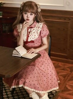 Limited Sweetheart Series Retro Cute Ruffle Bowknot Neckline Plaid Heart Pattern Sweet Lolita Short Sleeve Dress -MIMY Lolita Shop 4 500x672 245