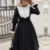 Silent Poem Series Black Nun Autumn Winter White Ruffles Lace Classic Retro Gothic Style Lamb Leg Sleeves Dress