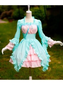Mint Green And Light Pink Chiffon Irregular Hem Sweet Lolita Long Sleeve Dress -MIMY Lolita Shop 4 500x672 256
