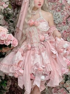 Gem Princess Series Sweet Girly Jacquard Rose Garden Everlasting Flower Lace Fishbone Sweet Lolita Sleeveless Dress -MIMY Lolita Shop 4 500x672 257
