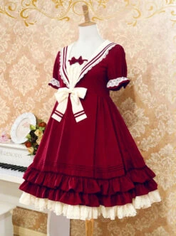 Navy Blue Bowknot Sweet Lolita Short Sleeve Dress -MIMY Lolita Shop 4 500x672 265