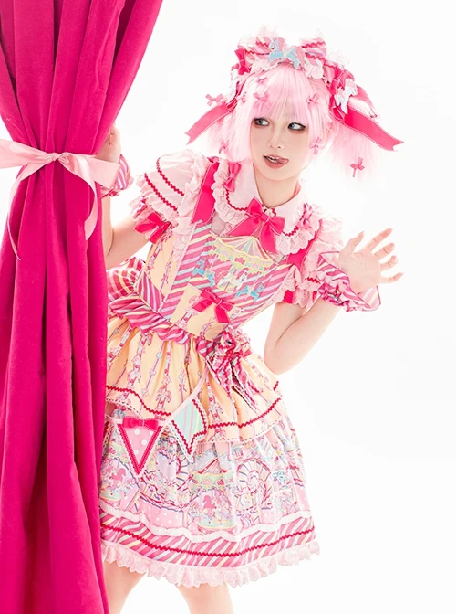Candy Amusement Park Series Cute Colorful Striped Carousel Print Lace Ruffle Bowknot Sweet Lolita Sleeveless Dress 4 Candy Amusement Park Series Cute Colorful Striped Carousel Print Lace Ruffle Bowknot Sweet Lolita Sleeveless Dress - Image 2