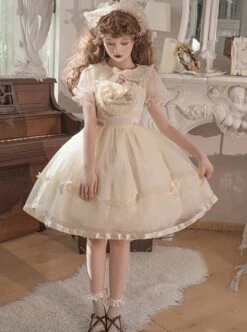Summer Sweet Series OP Doll Collar Heart Lace Embroidery On Chest Sweet Lolita Apricot Puff Short Sleeve Dress -MIMY Lolita Shop 4 500x672 285