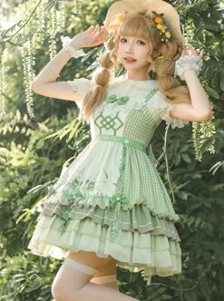 Lucky Day Series Green Plaid Stitching Small Fresh Rabbit Print Cute Girly Sweet Lolita Sleeveless Dress Set -MIMY Lolita Shop 4 500x672 287
