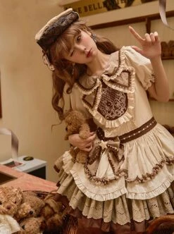 Cream Rabbit Series Cute Daily Bowknot Design Neckline Exquisite Rabbit Embroidery Petal Hem Lace Decoration Sweet Lolita Puff Sleeve Dress -MIMY Lolita Shop 4 500x672 289